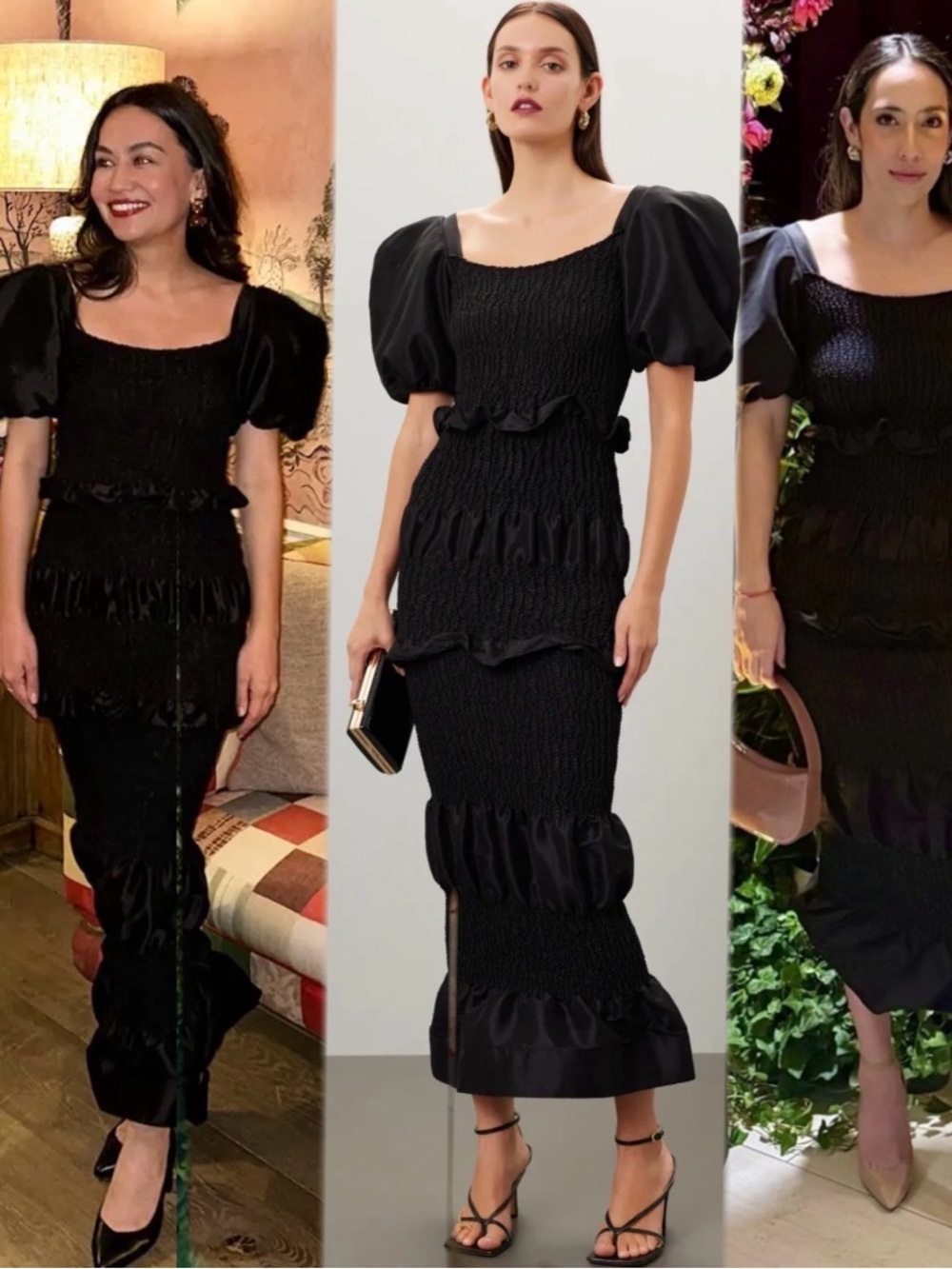 Orire Namana Dress Black Puff-Sleeve Smocked Midi Dress size 4